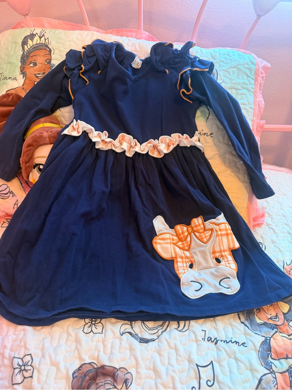 Navy Girls Long-Sleeve Dress with Orange Plaid Cow Appliqué